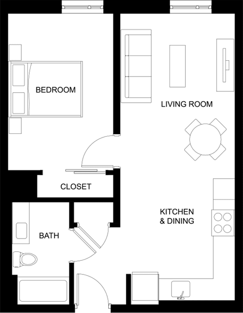Floor plan for 1 bed, 1 bath, 629 sqft